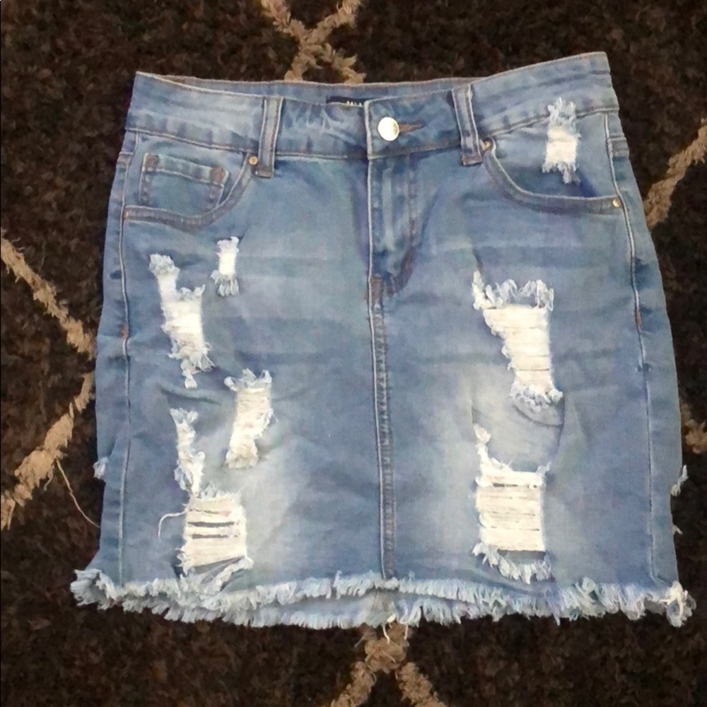 Distressed jean mini skirt